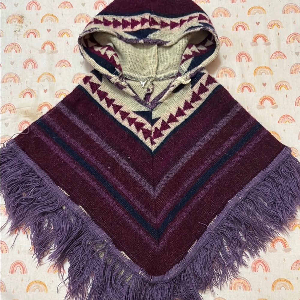 Purple and Cream Hooded Poncho with Fringe